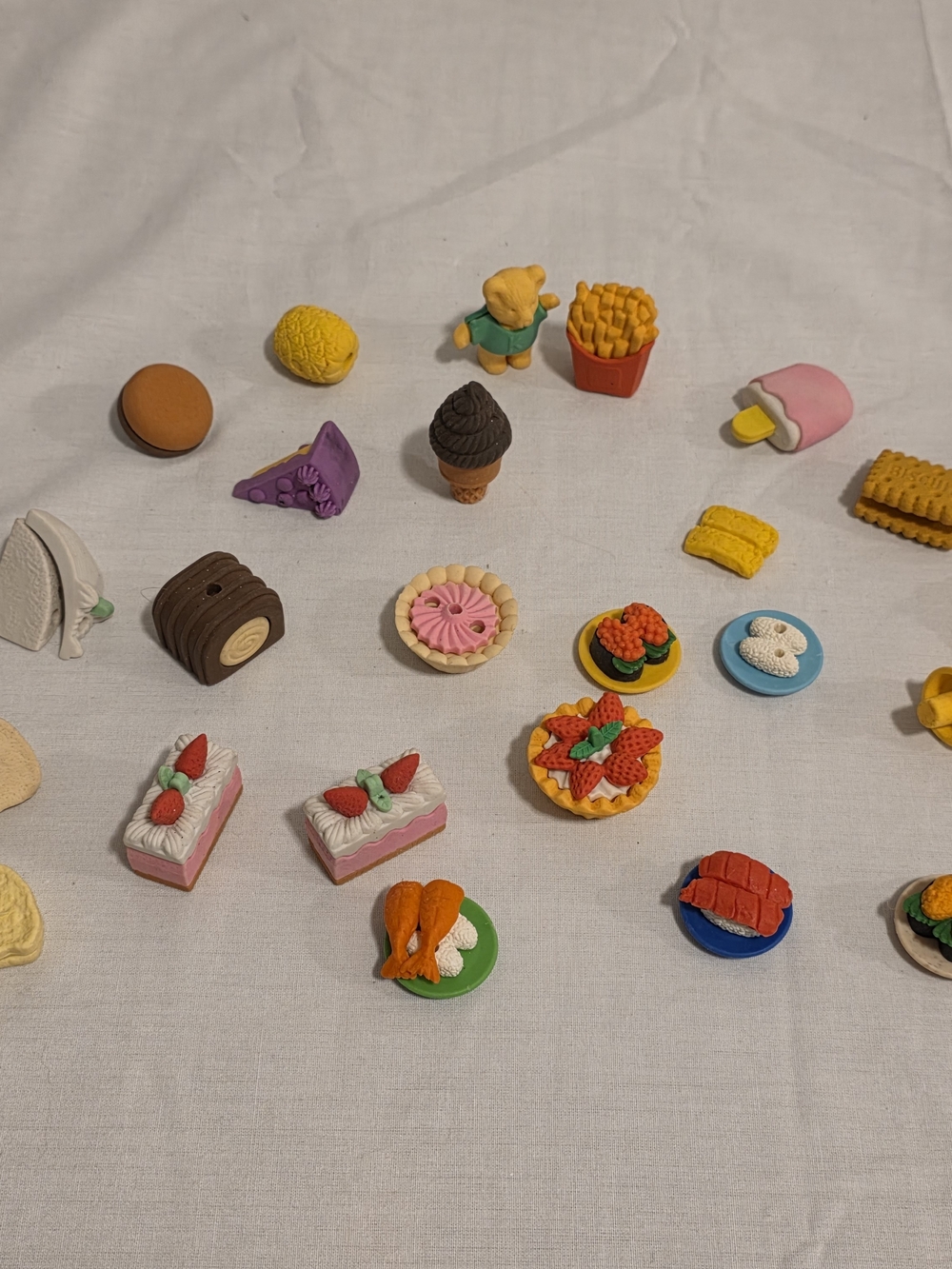 Lot Of 30 + Food Shaped Erasers Cute Collectible Fries Sushi Pizza Dessert Bread